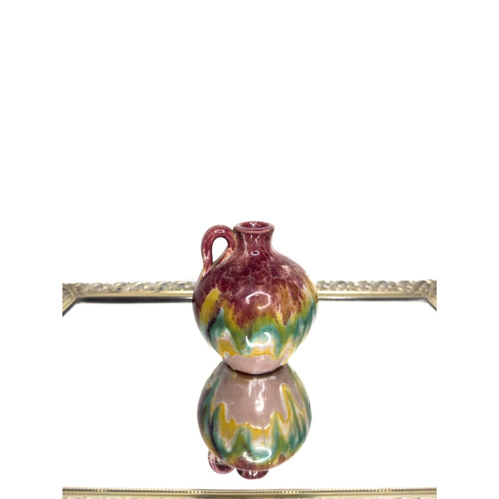 Mid Century Italian Art Pottery Vase Jug W Handle RedWare Multicolor Glaze VTG